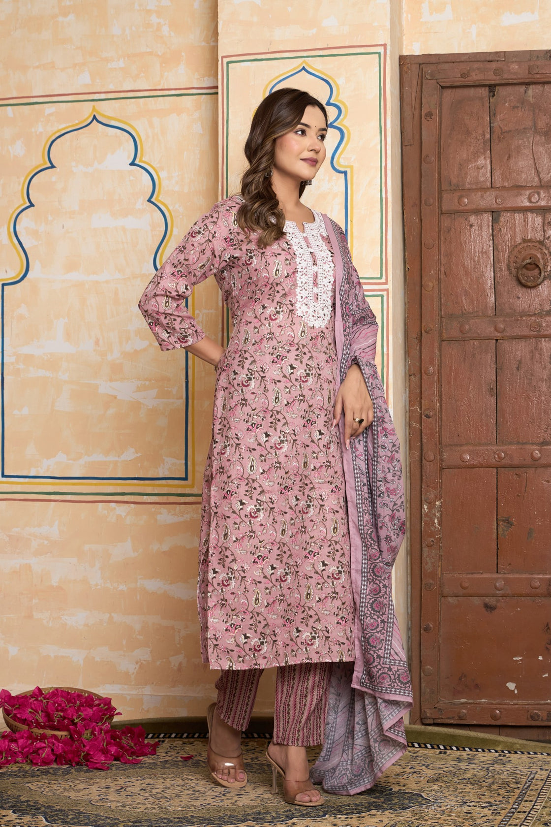 The Navra Rose Pink Floral Kurta Set with Festive Embroidery