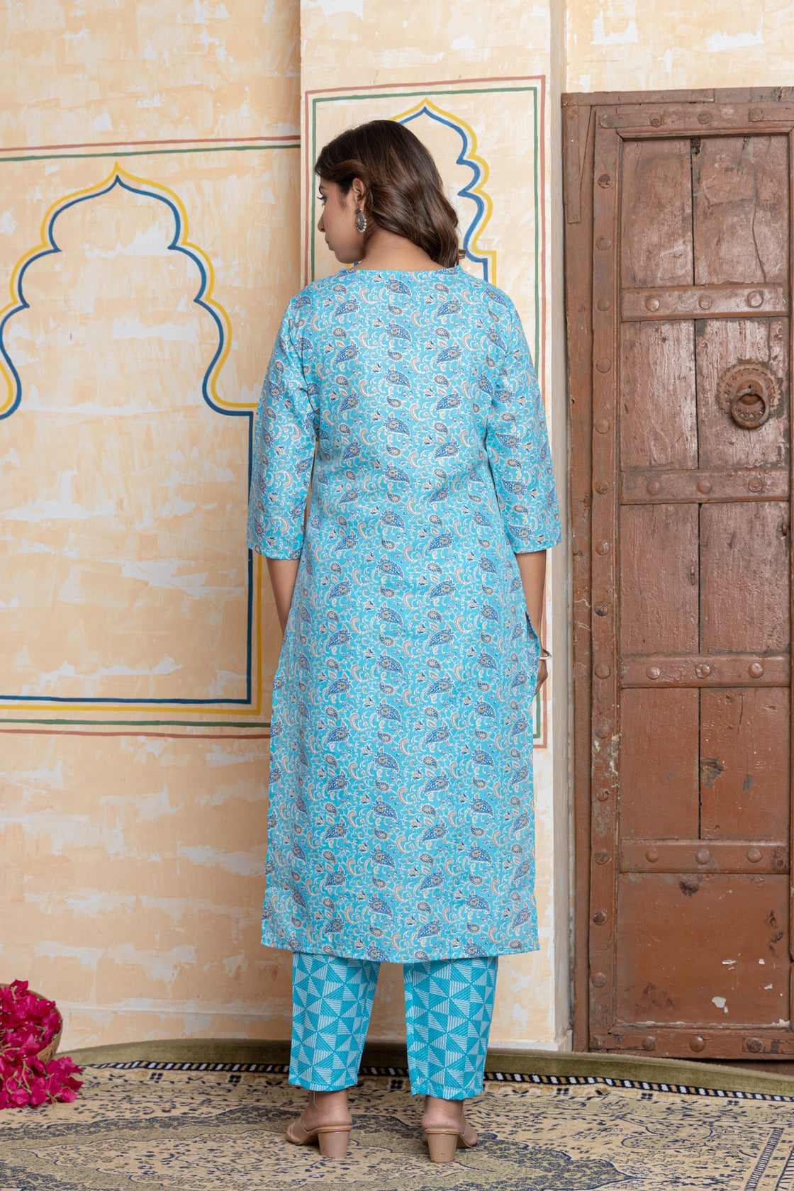The Navra Sky Blue Floral Cotton Kurta Set with Colorful Embroidery & Dupatta