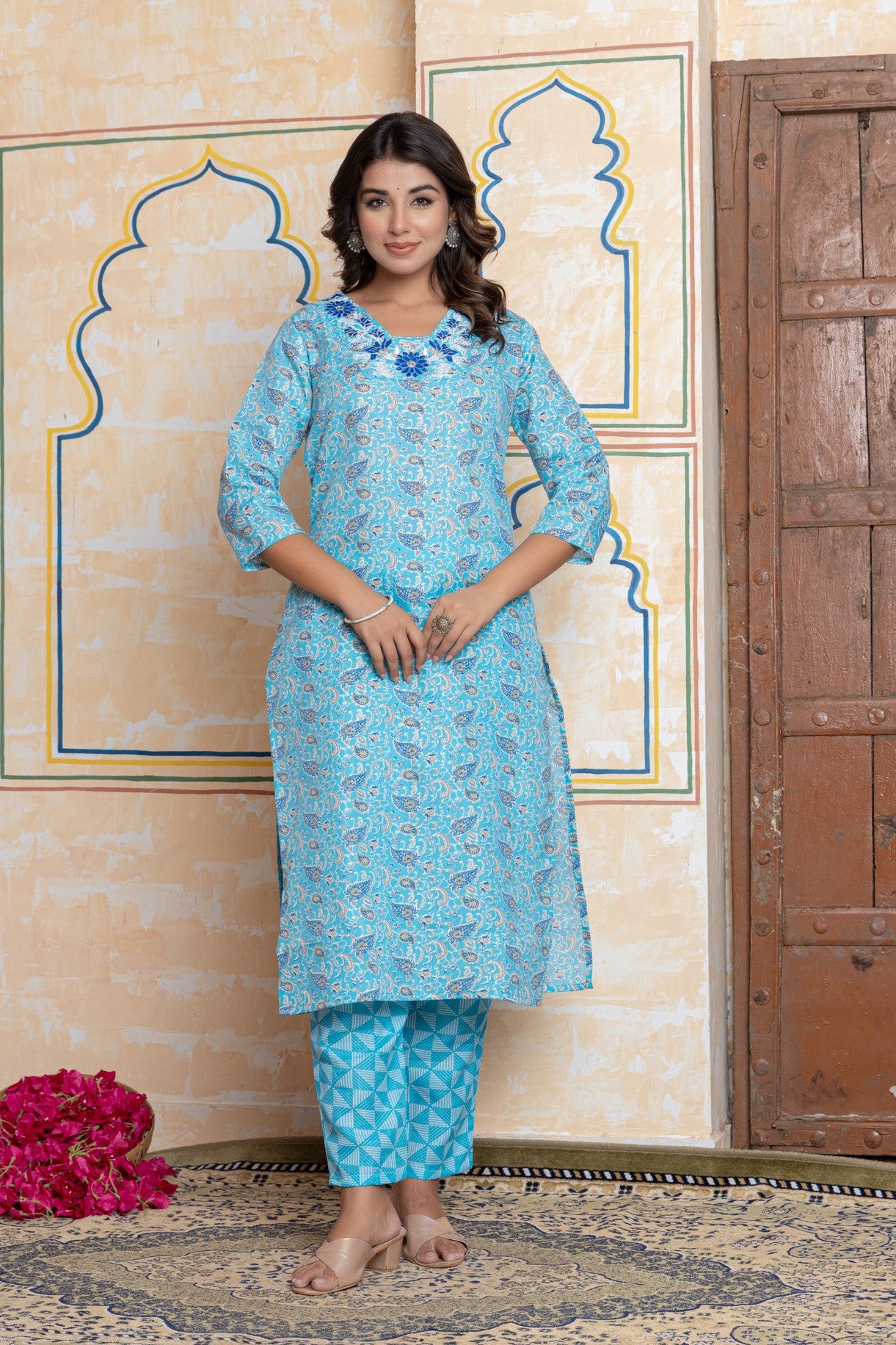 The Navra Sky Blue Floral Cotton Kurta Set with Colorful Embroidery & Dupatta