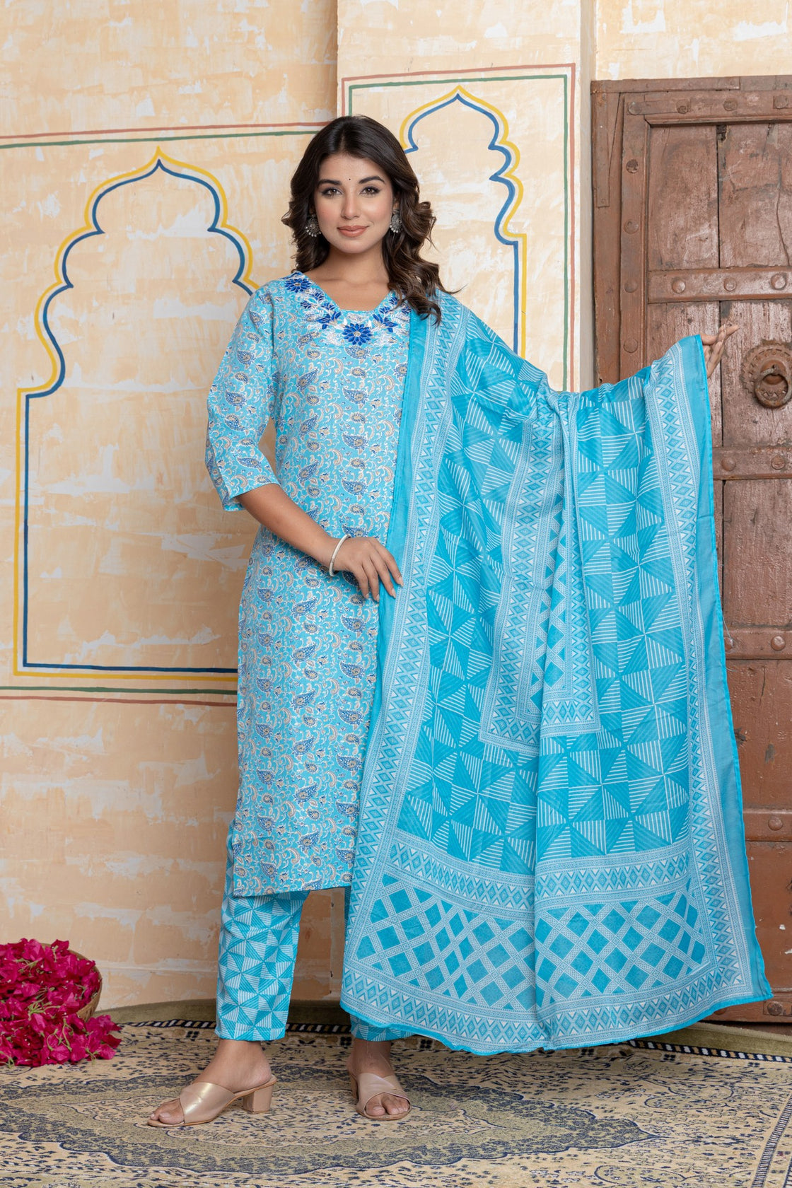 The Navra Sky Blue Floral Cotton Kurta Set with Colorful Embroidery & Dupatta