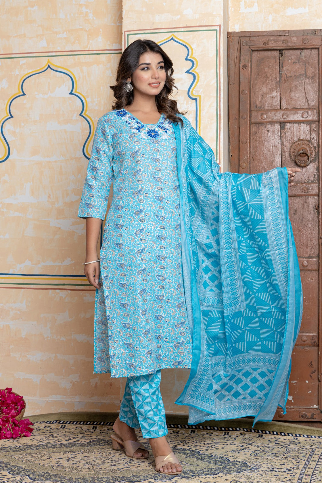 The Navra Sky Blue Floral Cotton Kurta Set with Colorful Embroidery & Dupatta