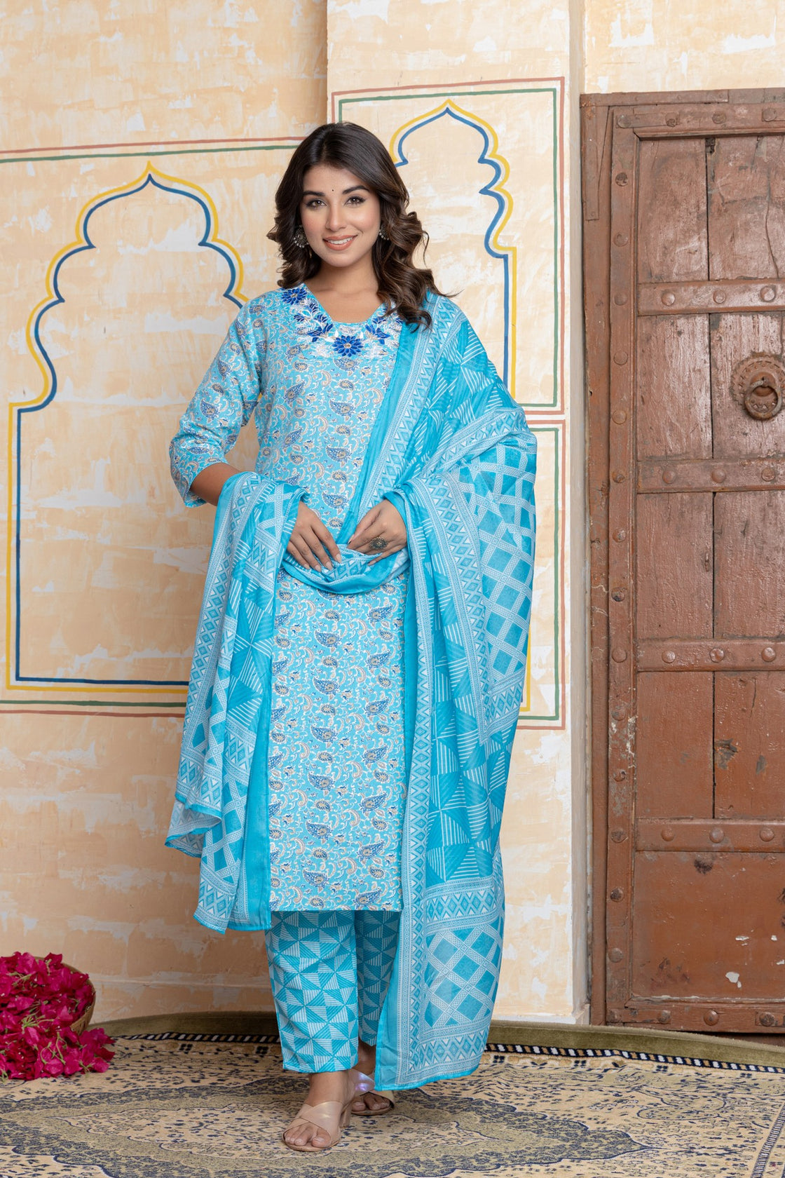 The Navra Sky Blue Floral Cotton Kurta Set with Colorful Embroidery & Dupatta