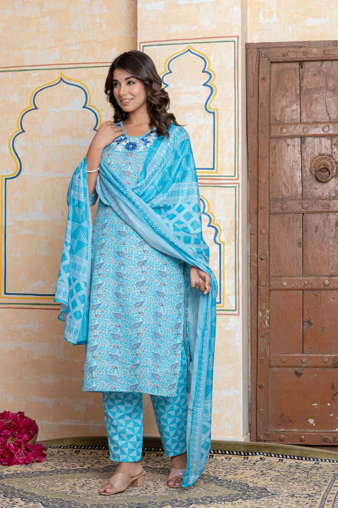 The Navra Sky Blue Floral Cotton Kurta Set with Colorful Embroidery & Dupatta