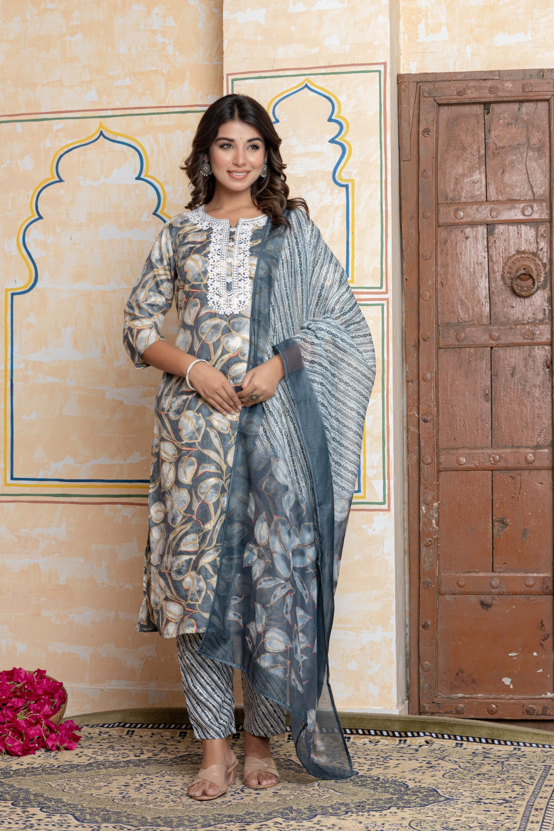The Navra Grey Floral Cotton Kurta Set with Lace Embroidery & Dupatta