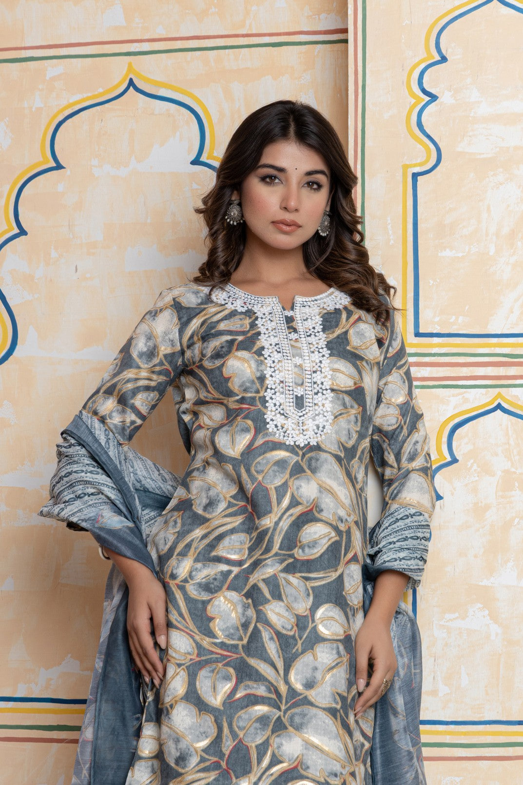 The Navra Grey Floral Cotton Kurta Set with Lace Embroidery & Dupatta