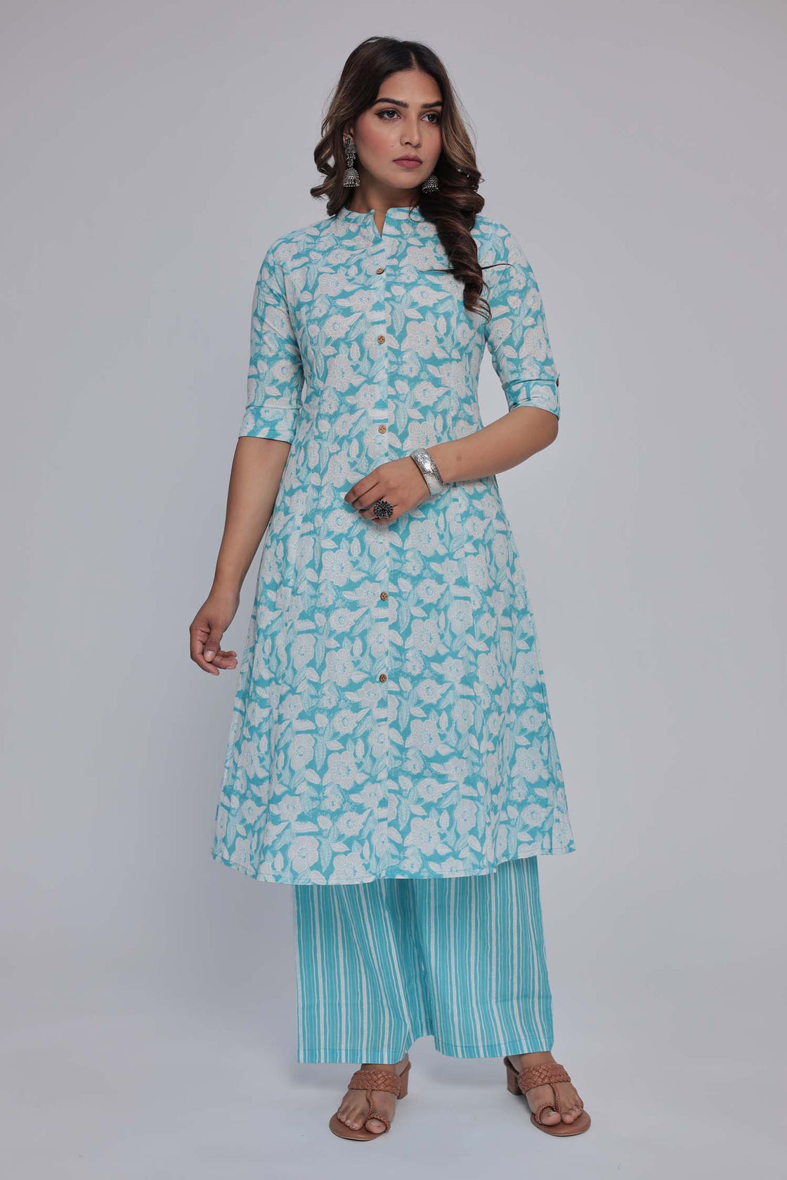 Women's Light Blue Princess cut Printed kurta and pant