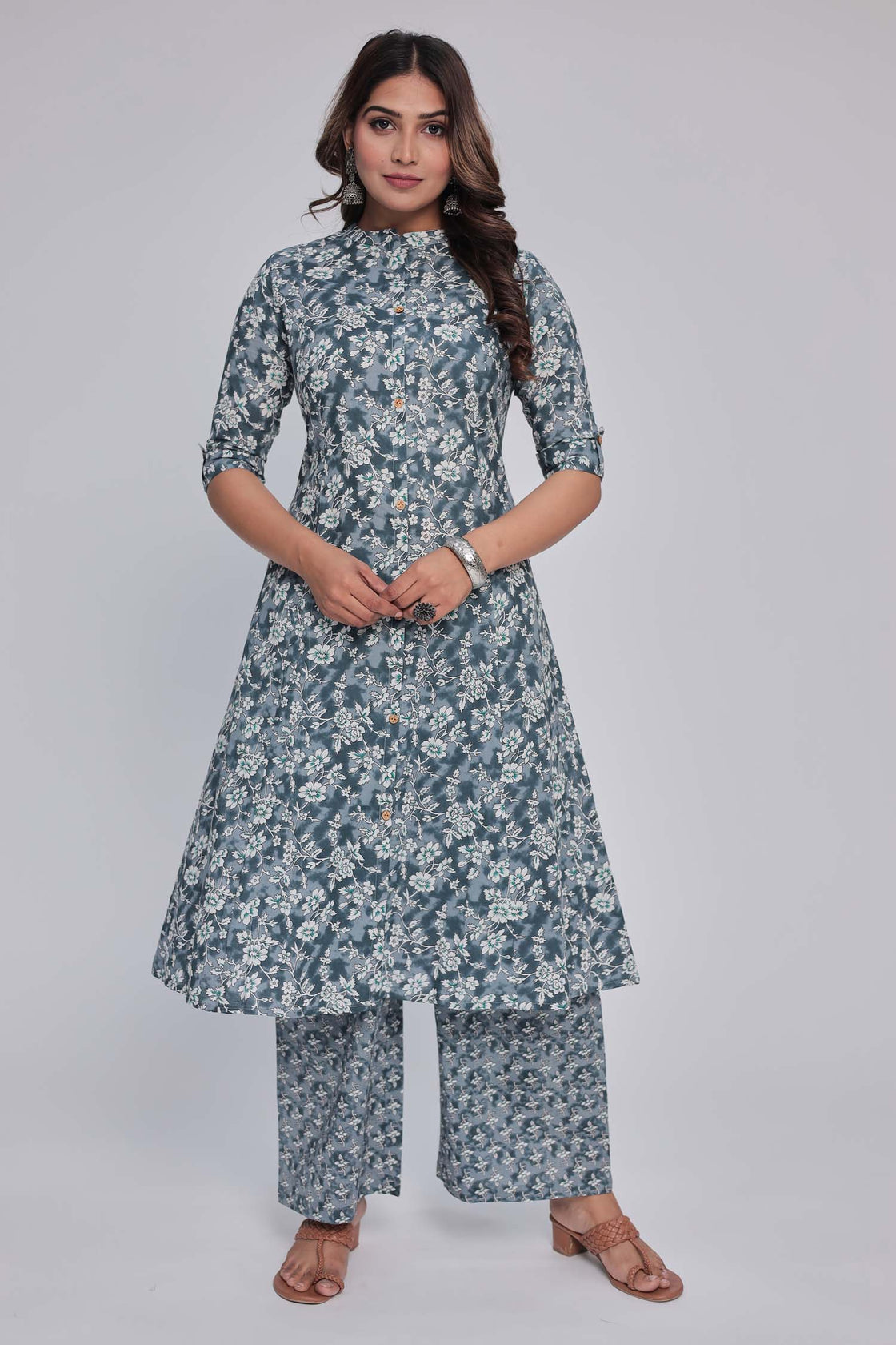 Women's Dark Grey Princess cut Printed kurta and pant