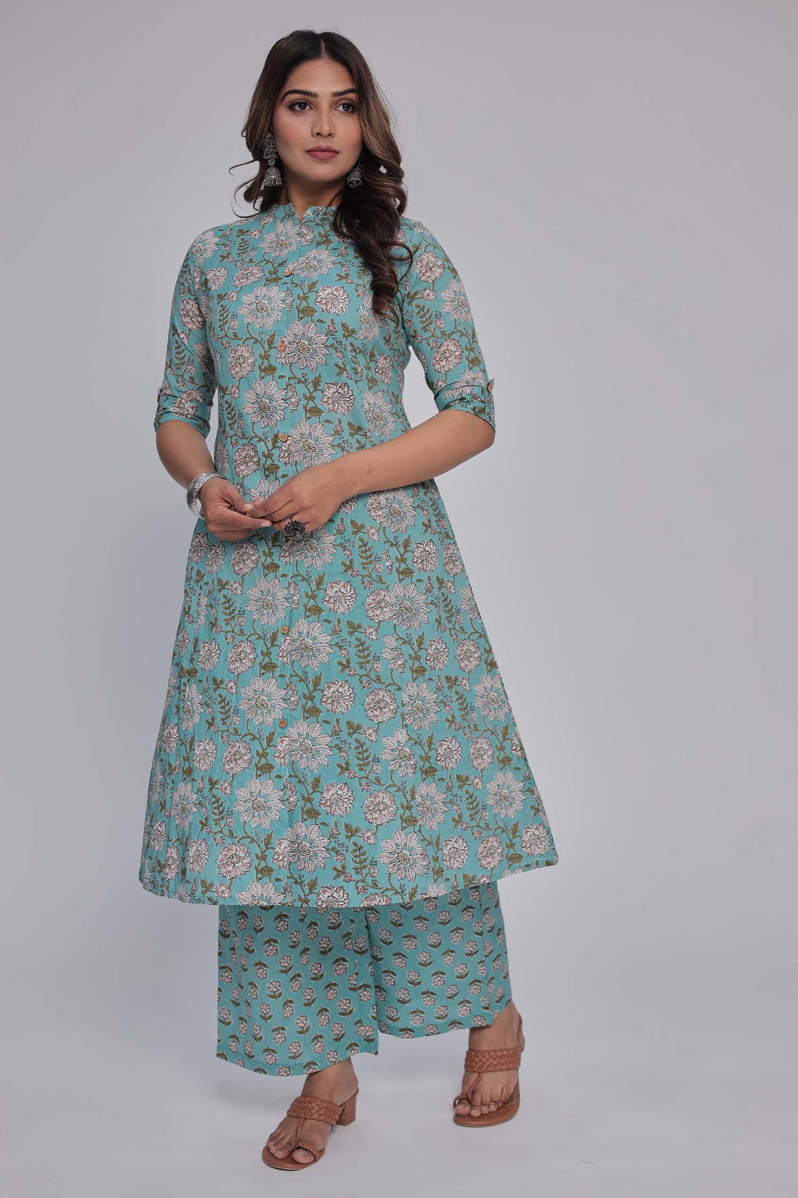 Women's Sea Green Princess cut Printed kurta and pant