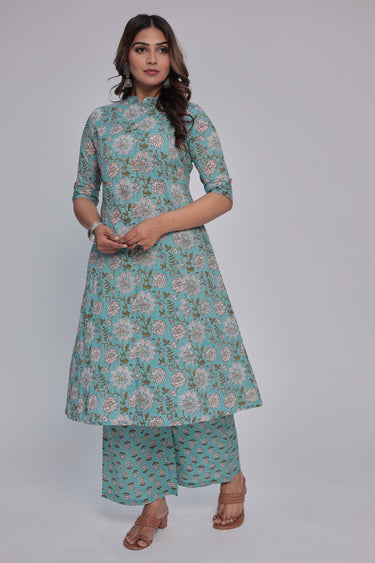 Women's Sea Green Princess cut Printed kurta and pant