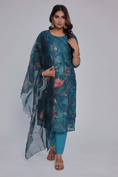 Women's Blue chanderi Kurta Dhuppata & Pants set