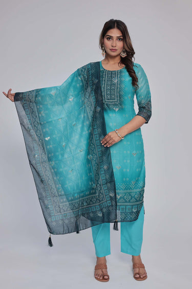 Women's Turquoise Blue chanderi Kurta Dhuppata & Pants set