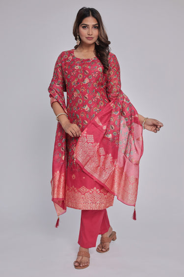 Women's Red chanderi Kurta Dhuppata & Pants set