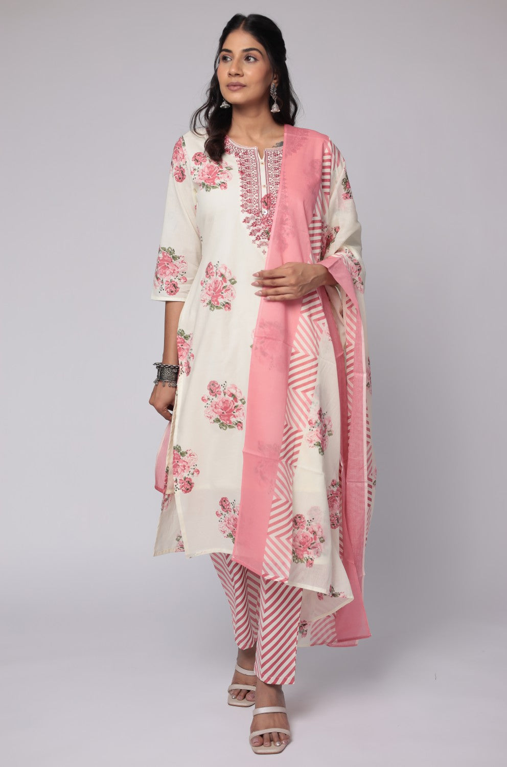 Cream Red Jaipuri Print Dupatta Set with Mulmul Lining and detailed with embroidery on neck