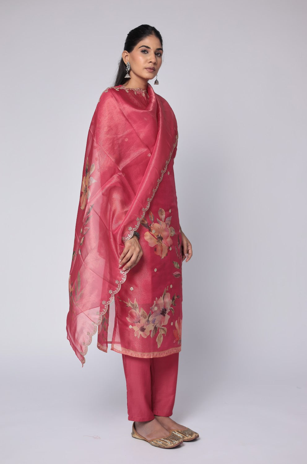 Deluxe Shimmer Organza Deep Pink Suit with Embroidered Dupatta, Soft Muslin Pant and Inner Lining in Kurti