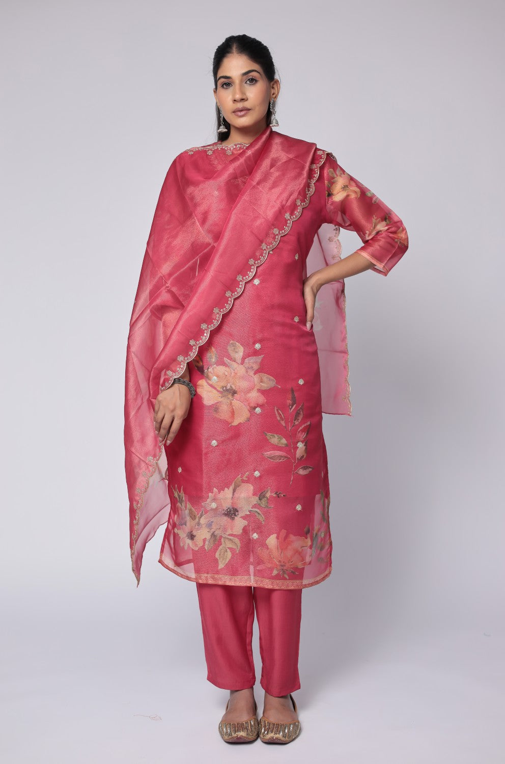 Deluxe Shimmer Organza Deep Pink Suit with Embroidered Dupatta, Soft Muslin Pant and Inner Lining in Kurti