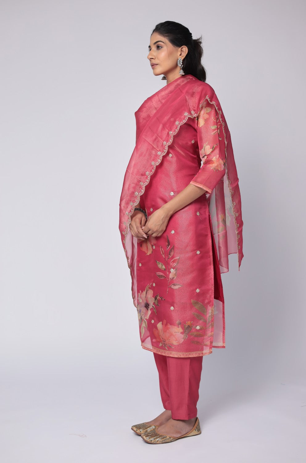 Deluxe Shimmer Organza Deep Pink Suit with Embroidered Dupatta, Soft Muslin Pant and Inner Lining in Kurti