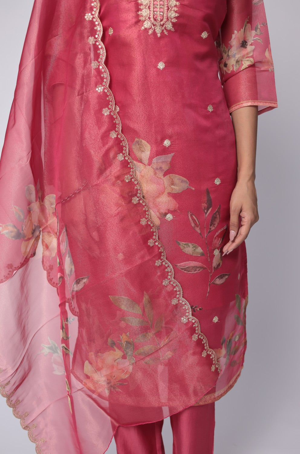 Deluxe Shimmer Organza Deep Pink Suit with Embroidered Dupatta, Soft Muslin Pant and Inner Lining in Kurti