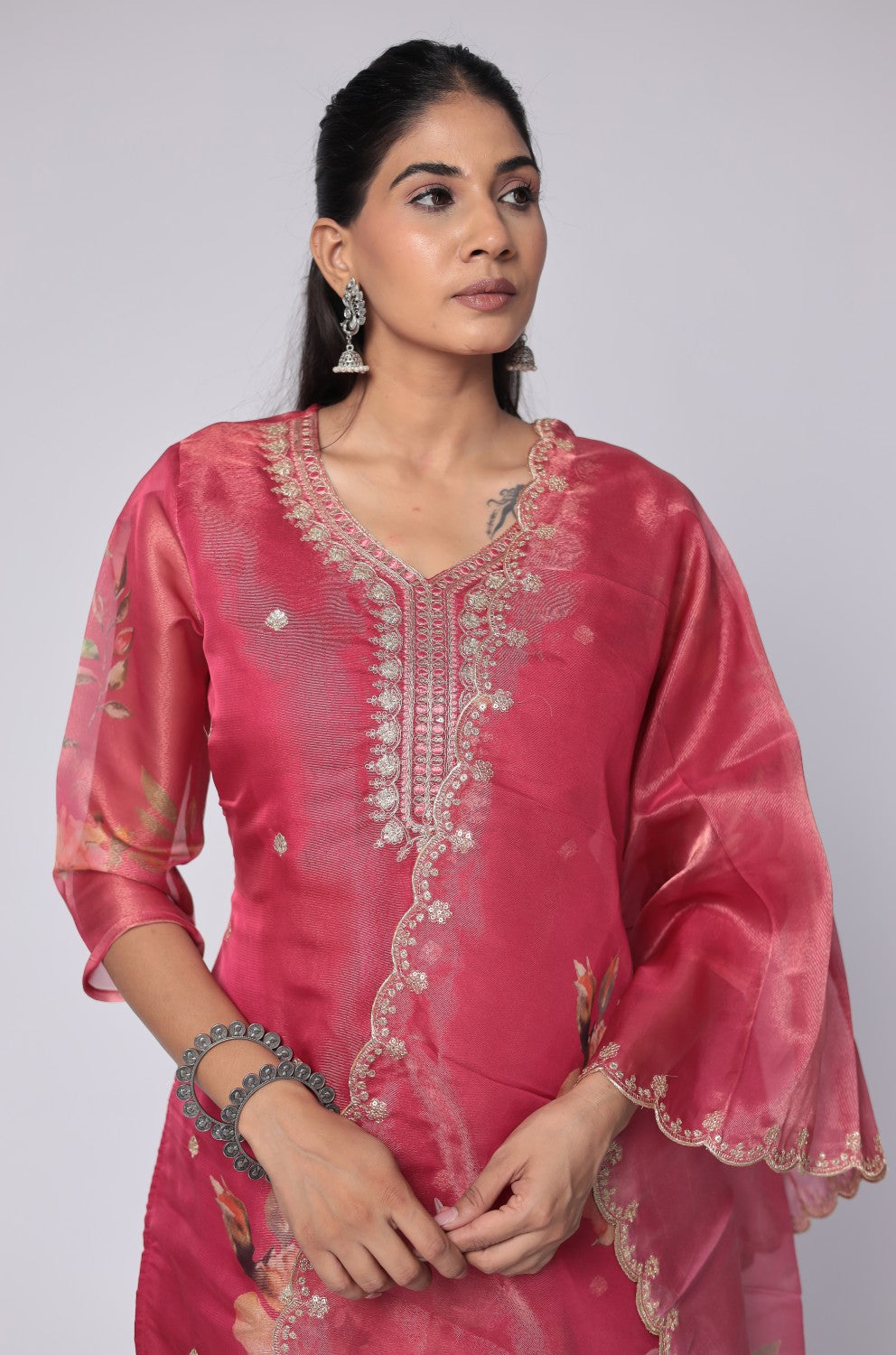 Deluxe Shimmer Organza Deep Pink Suit with Embroidered Dupatta, Soft Muslin Pant and Inner Lining in Kurti