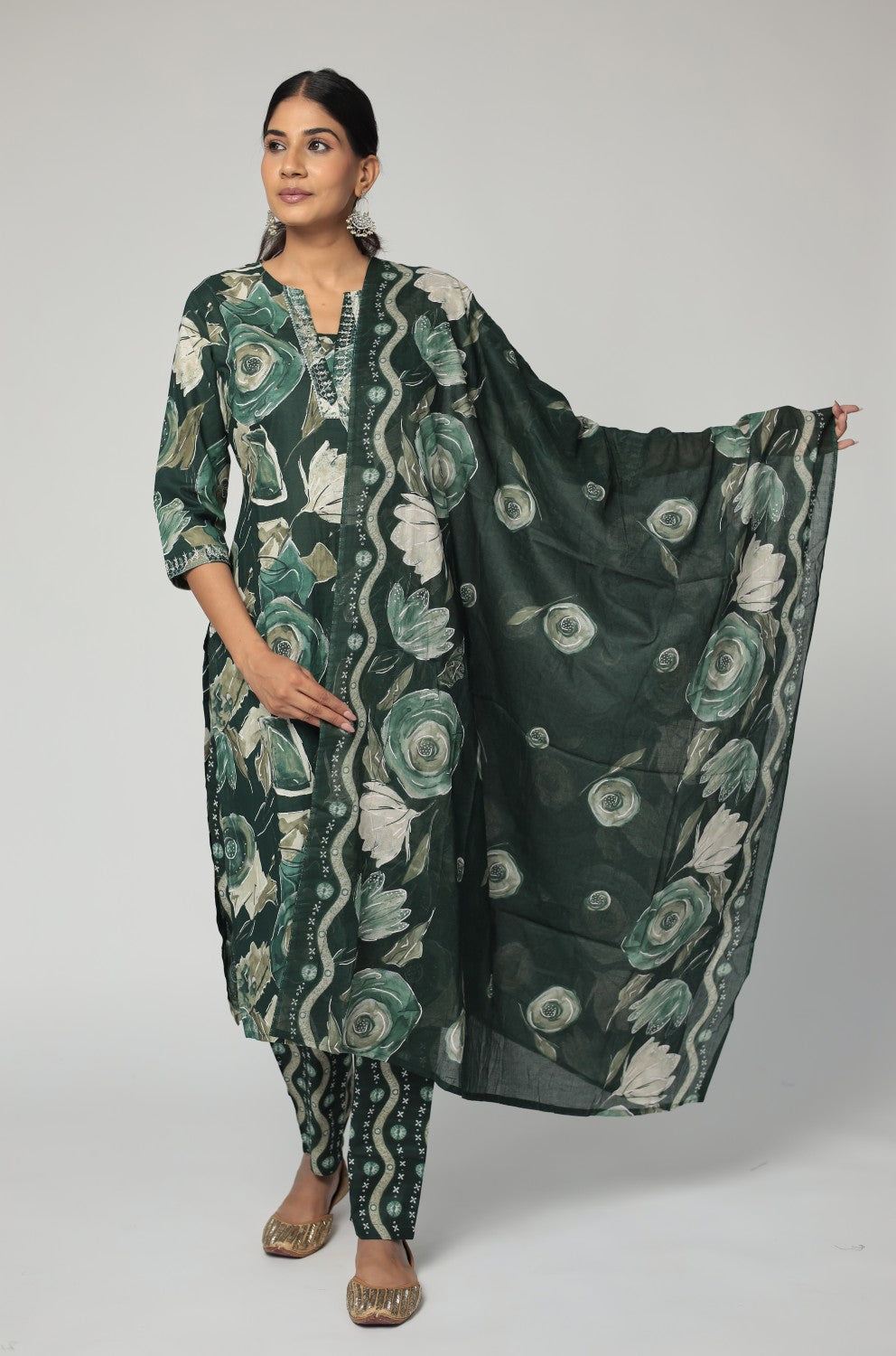 Dark Green jaipuri print dupatta set detailed with handwork and beads work