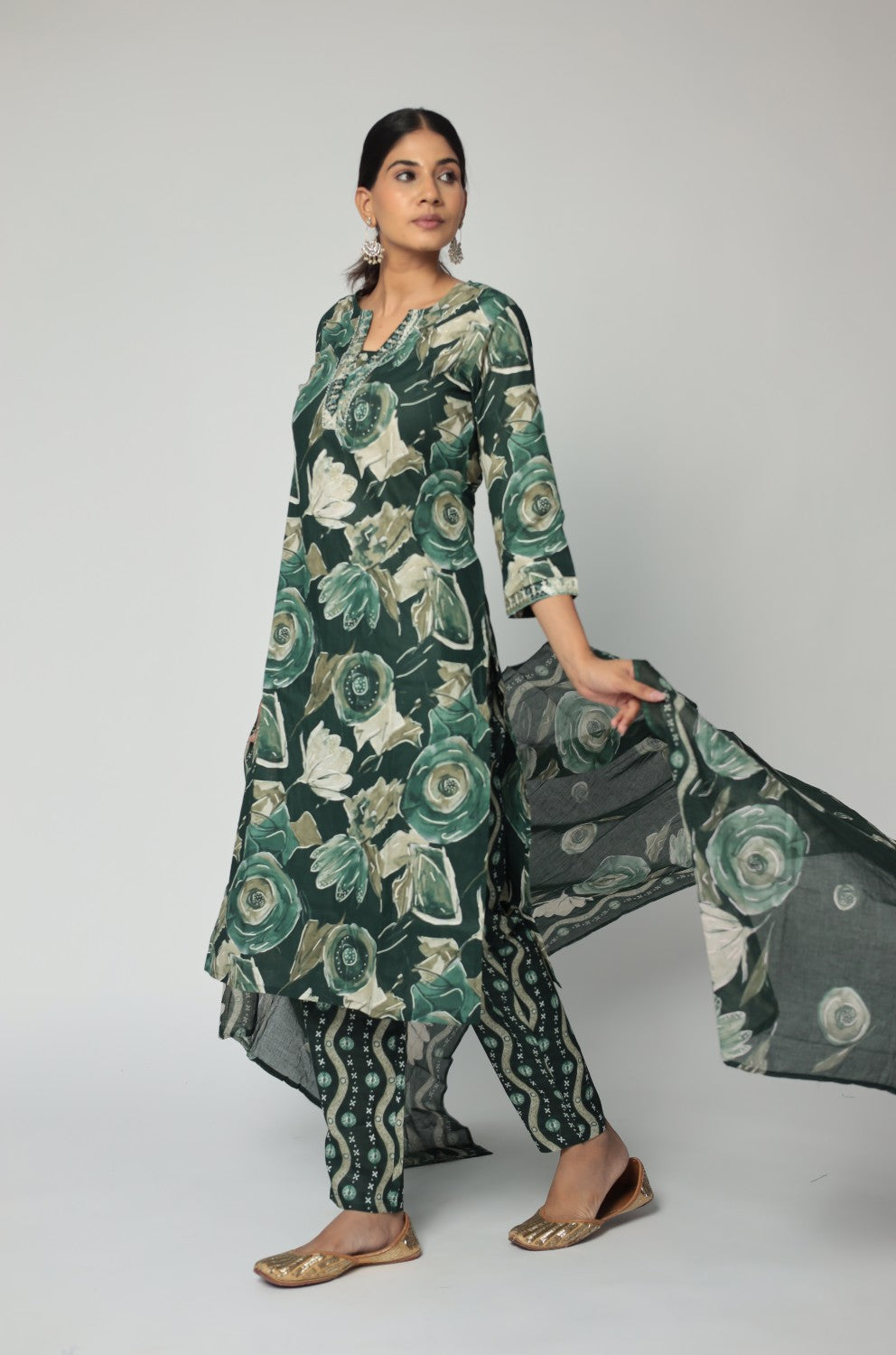 Dark Green jaipuri print dupatta set detailed with handwork and beads work