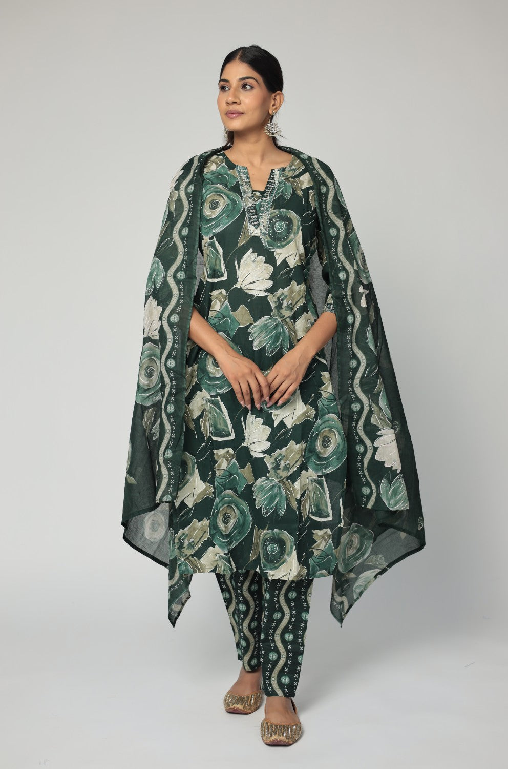 Dark Green jaipuri print dupatta set detailed with handwork and beads work