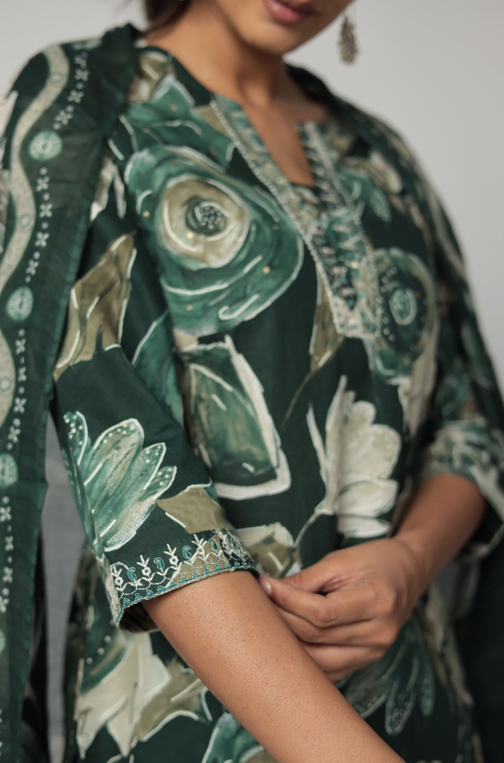 Dark Green jaipuri print dupatta set detailed with handwork and beads work