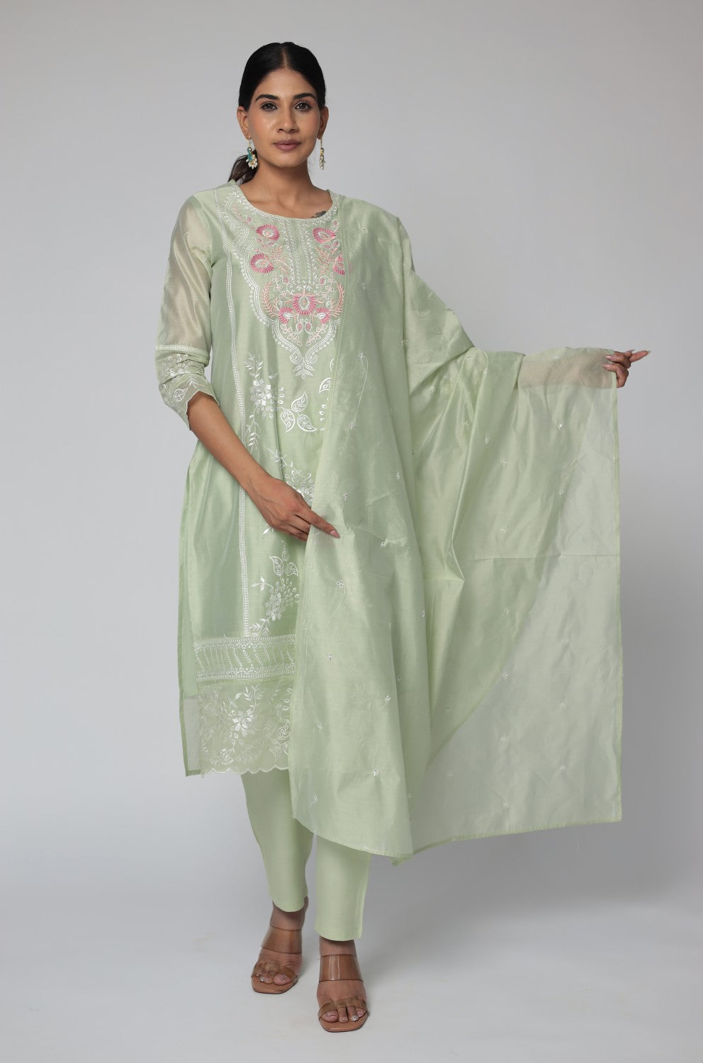 Pestal Green Chanderi Dupatta Set detailed with all over subtle embroidery work