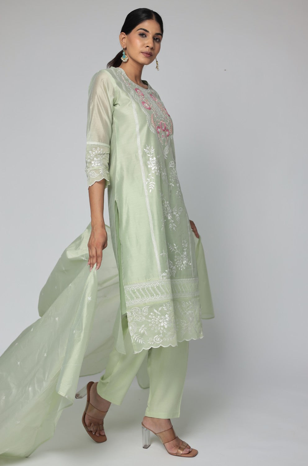 Pestal Green Chanderi Dupatta Set detailed with all over subtle embroidery work
