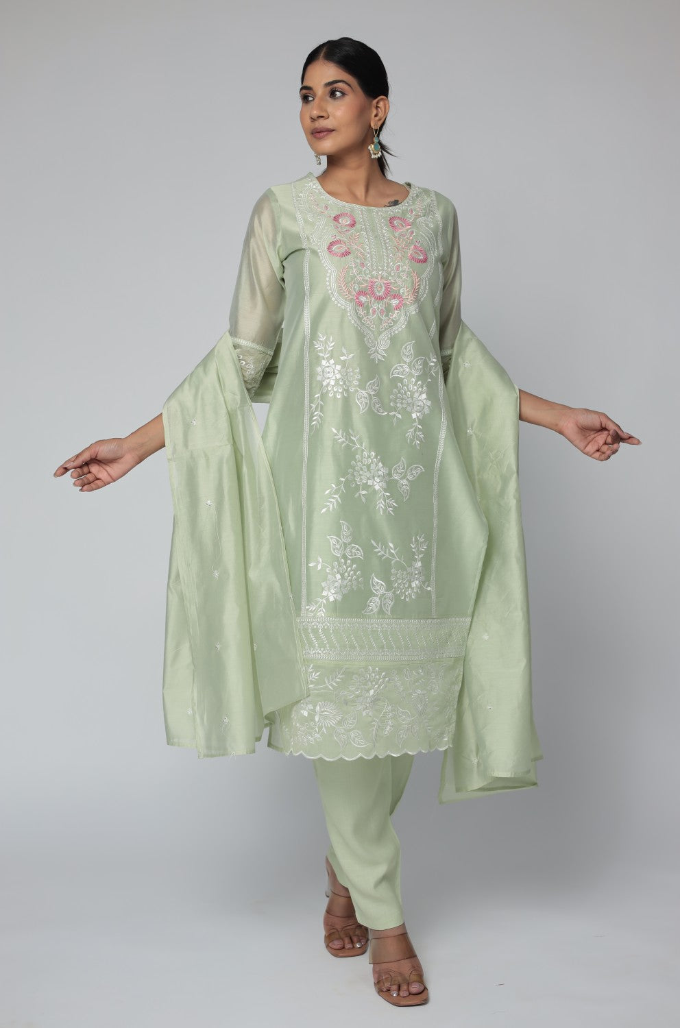 Pestal Green Chanderi Dupatta Set detailed with all over subtle embroidery work