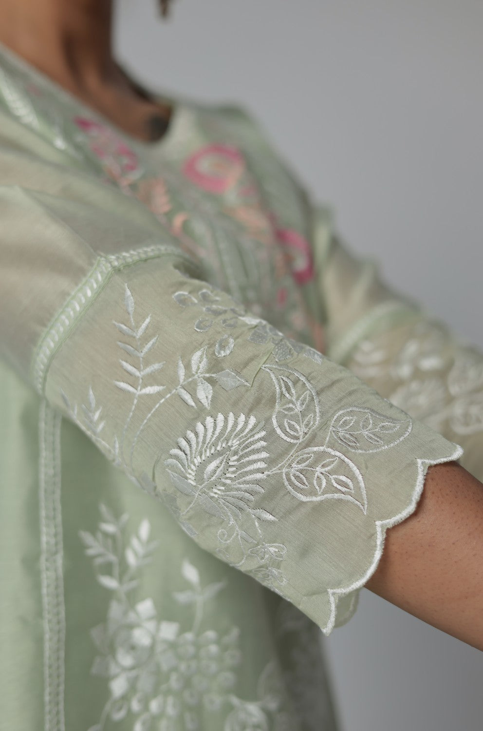 Pestal Green Chanderi Dupatta Set detailed with all over subtle embroidery work