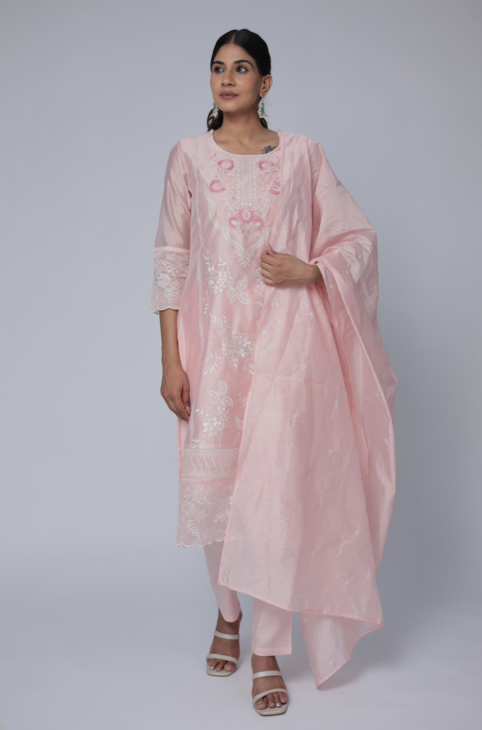 Light Peach Chanderi Dupatta Set with All-Over Subtle Embroidery