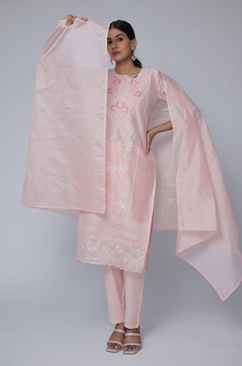 Light Peach Chanderi Dupatta Set with All-Over Subtle Embroidery