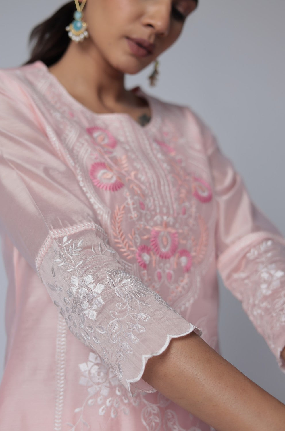 Light Peach Chanderi Dupatta Set with All-Over Subtle Embroidery