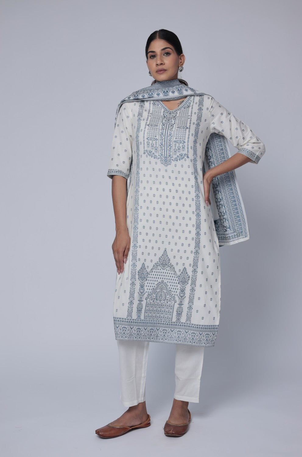 Off White Cotton Jacquard Dupatta Set detailed with Exquisite Blue detailing on front