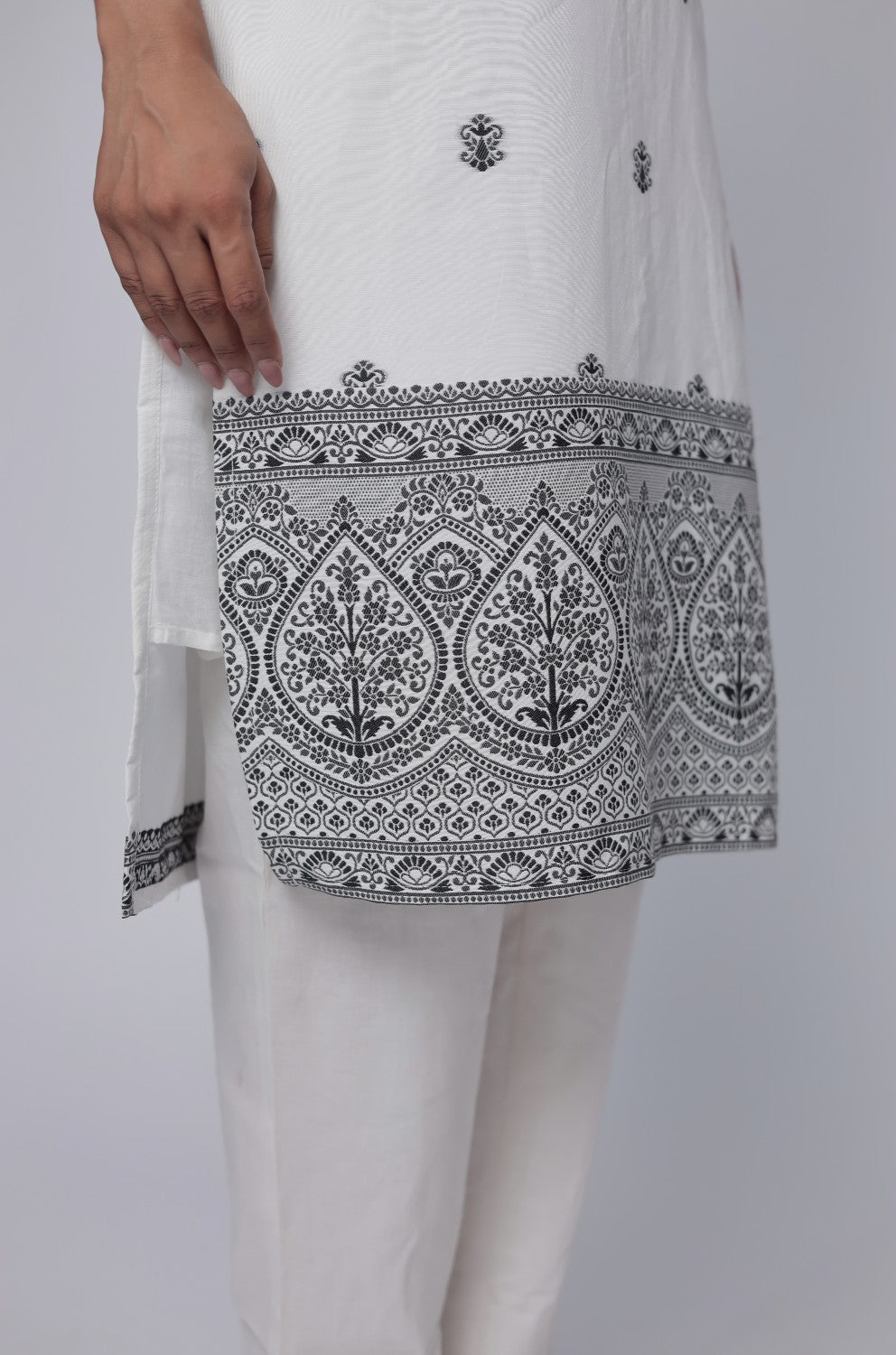 White Black cotton jacquard dupatta set detailed with detailing on front