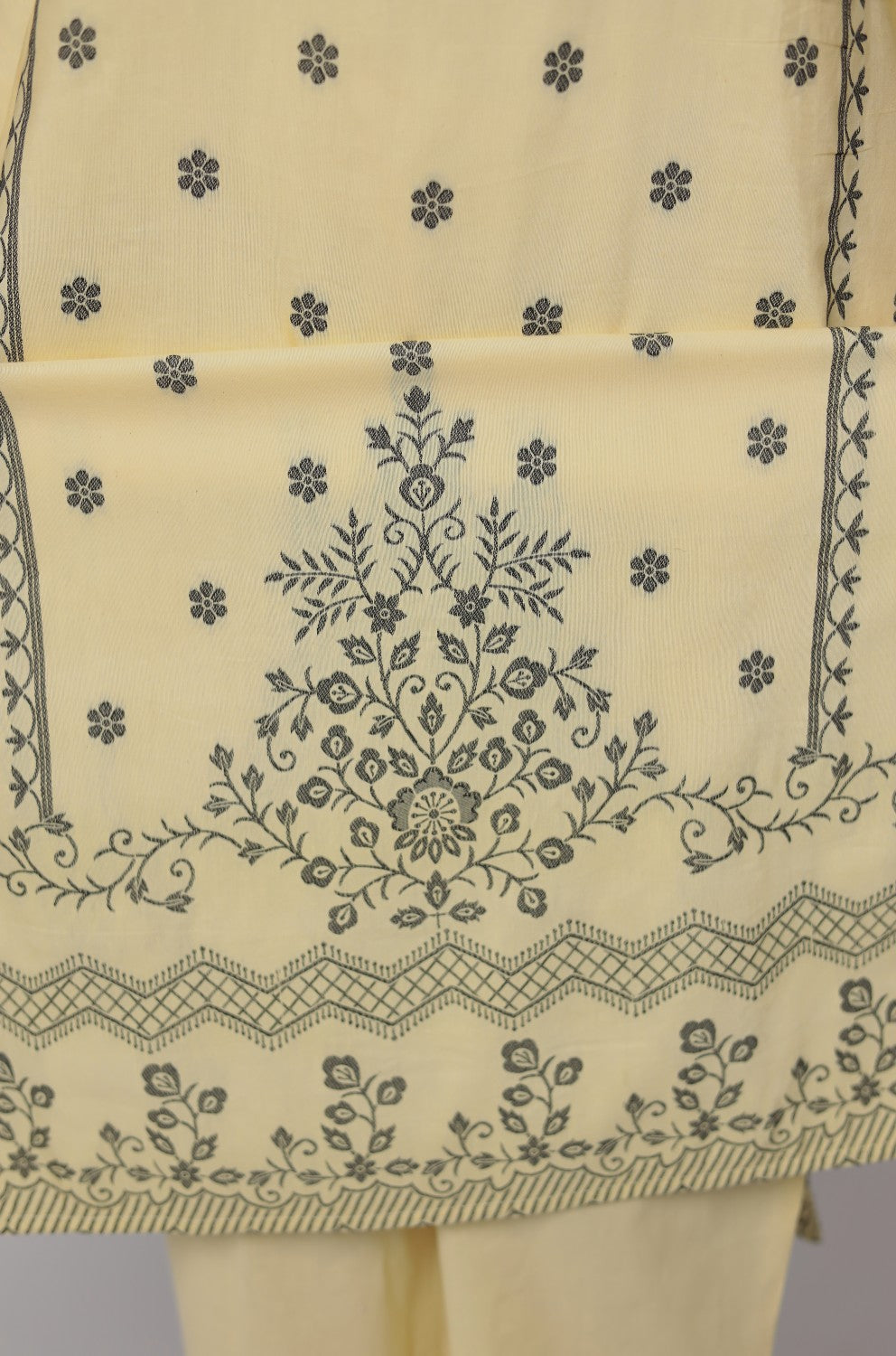 Cream Yellow cotton jacquard dupatta set detailed with merging embroidery on front