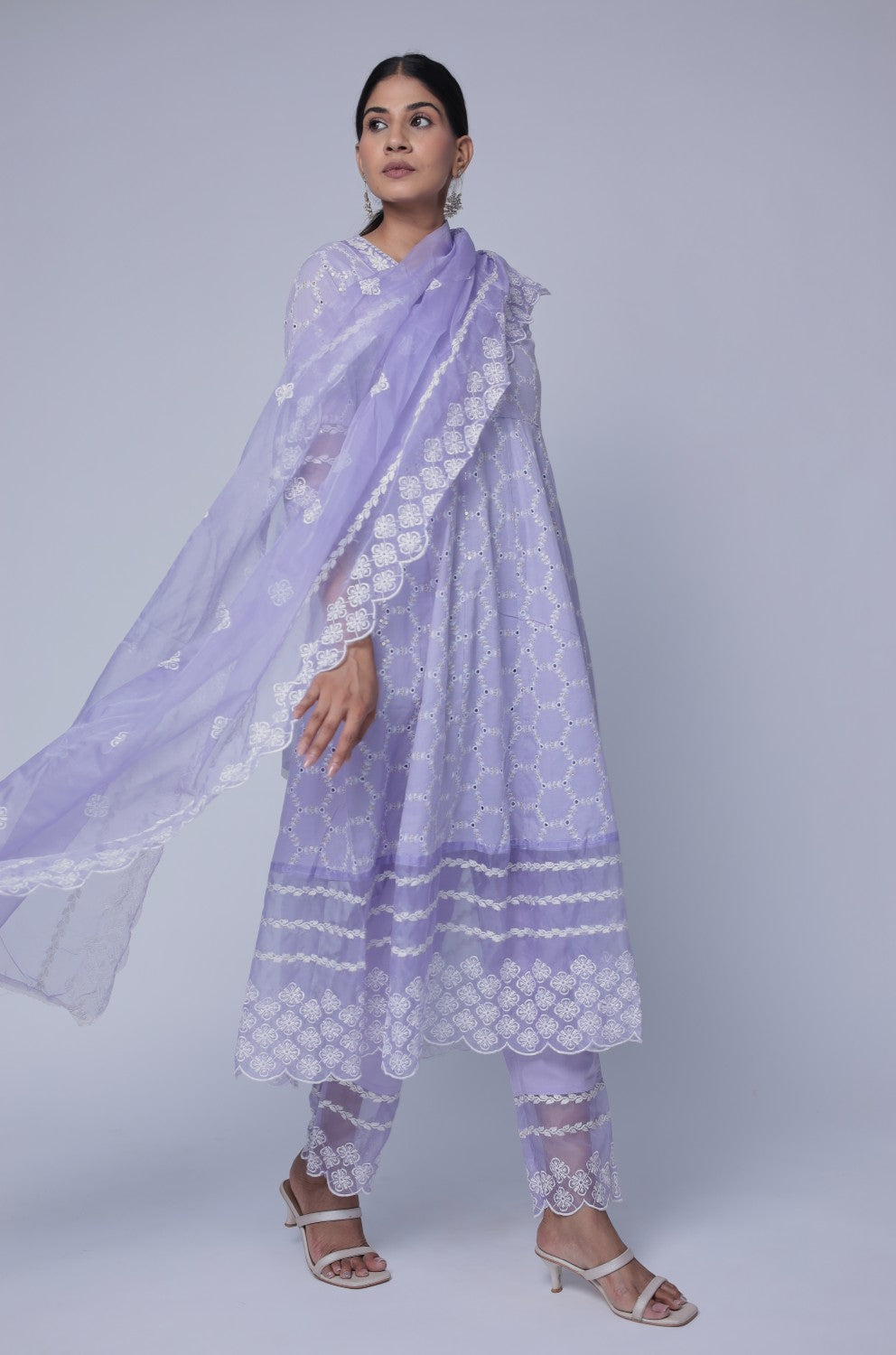 Lavender Chikankari Anarkali Kurta with Cotton Pant and Organza Dupatta