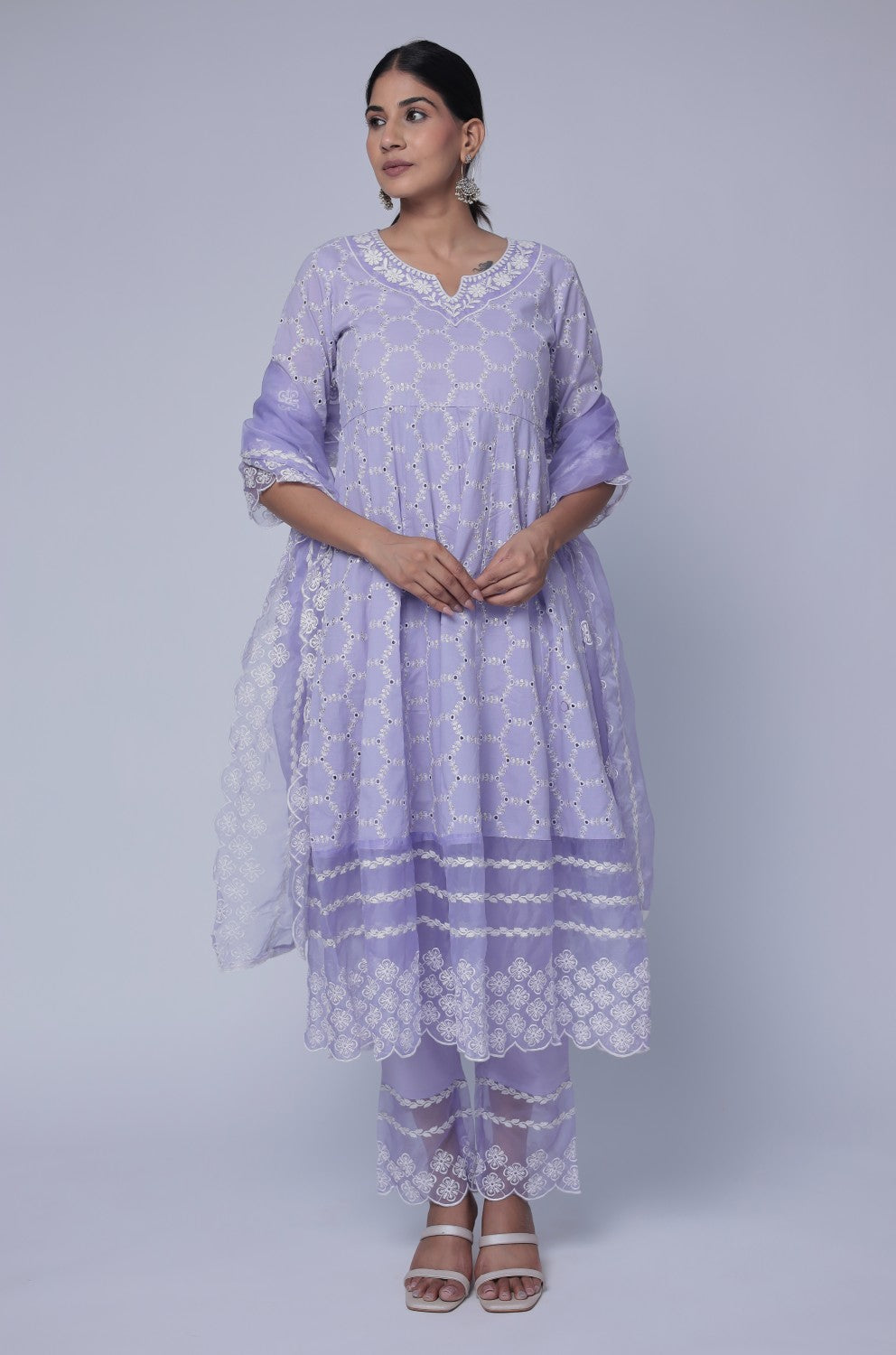 Lavender Chikankari Anarkali Kurta with Cotton Pant and Organza Dupatta