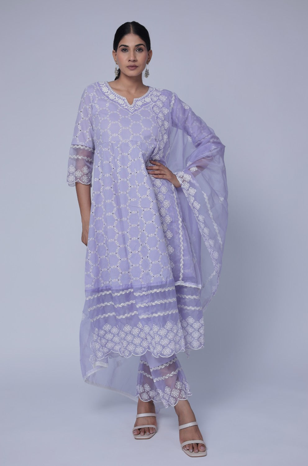 Lavender Chikankari Anarkali Kurta with Cotton Pant and Organza Dupatta