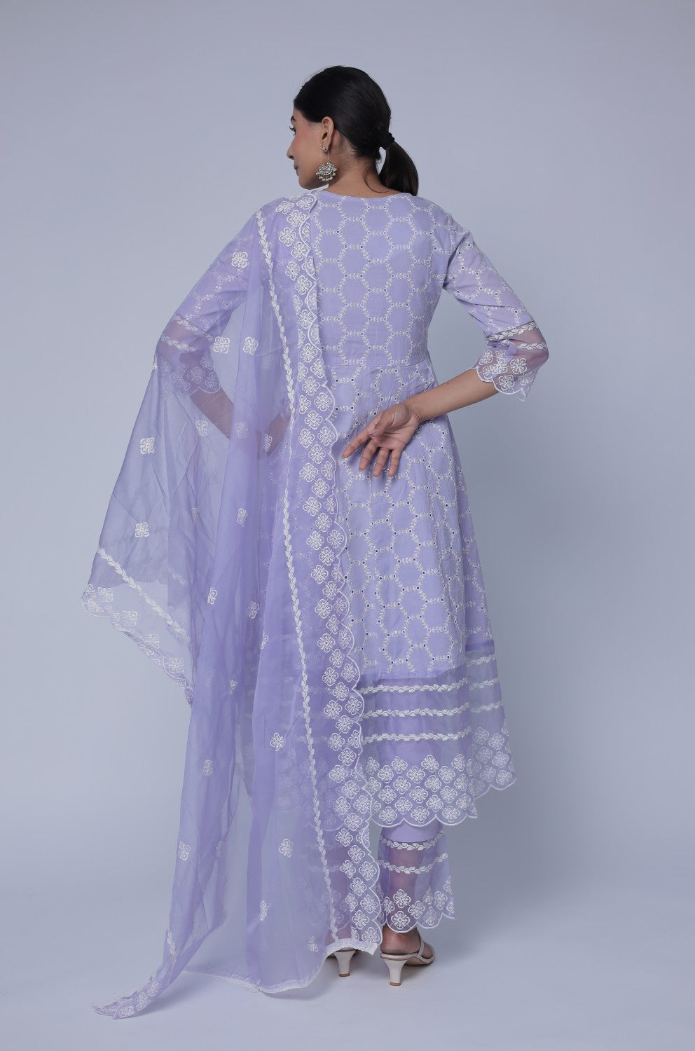 Lavender Chikankari Anarkali Kurta with Cotton Pant and Organza Dupatta