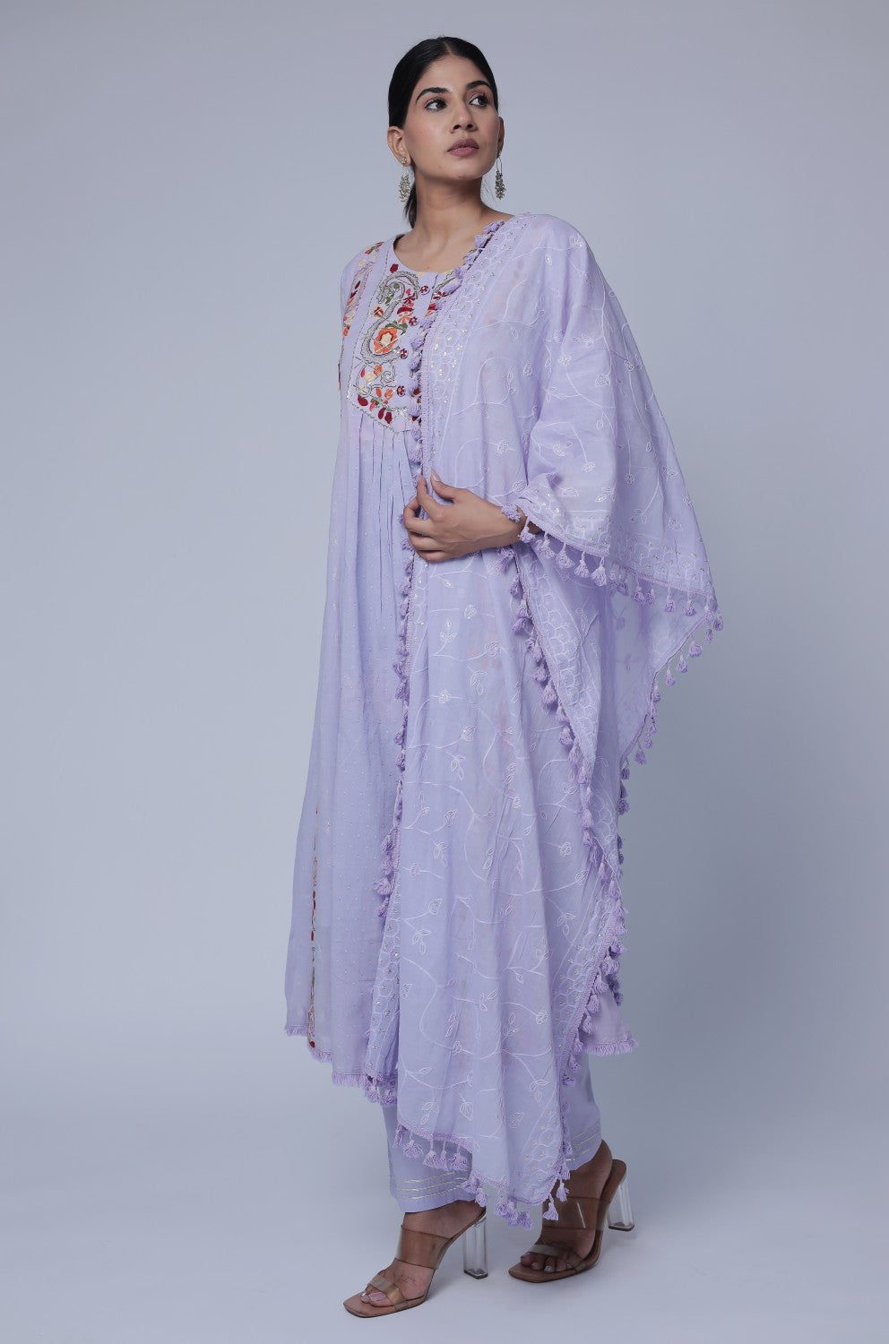 Lavender embroidered anarkali kurta set on cotton dobby base