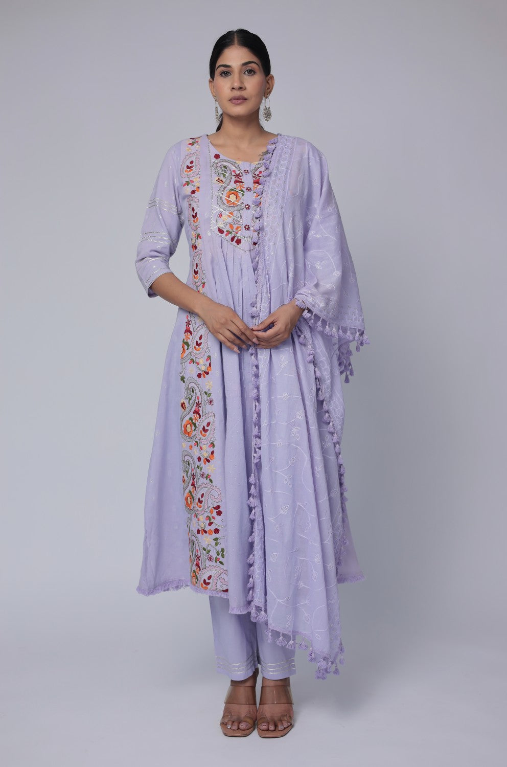 Lavender embroidered anarkali kurta set on cotton dobby base
