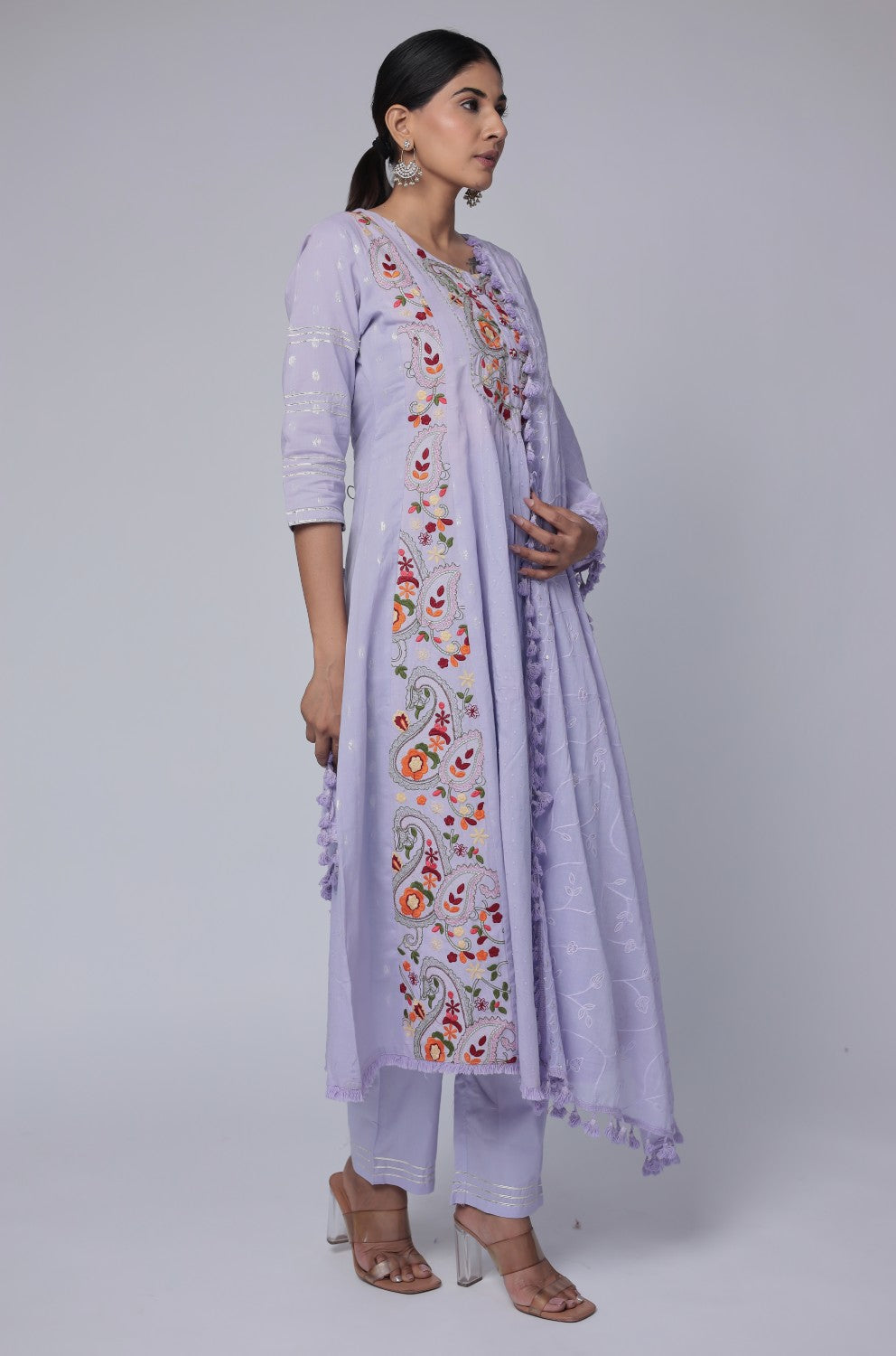 Lavender embroidered anarkali kurta set on cotton dobby base