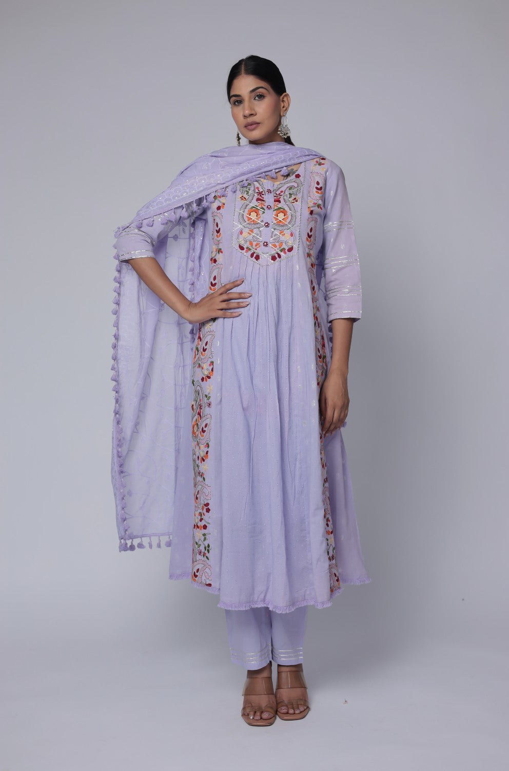 Lavender embroidered anarkali kurta set on cotton dobby base