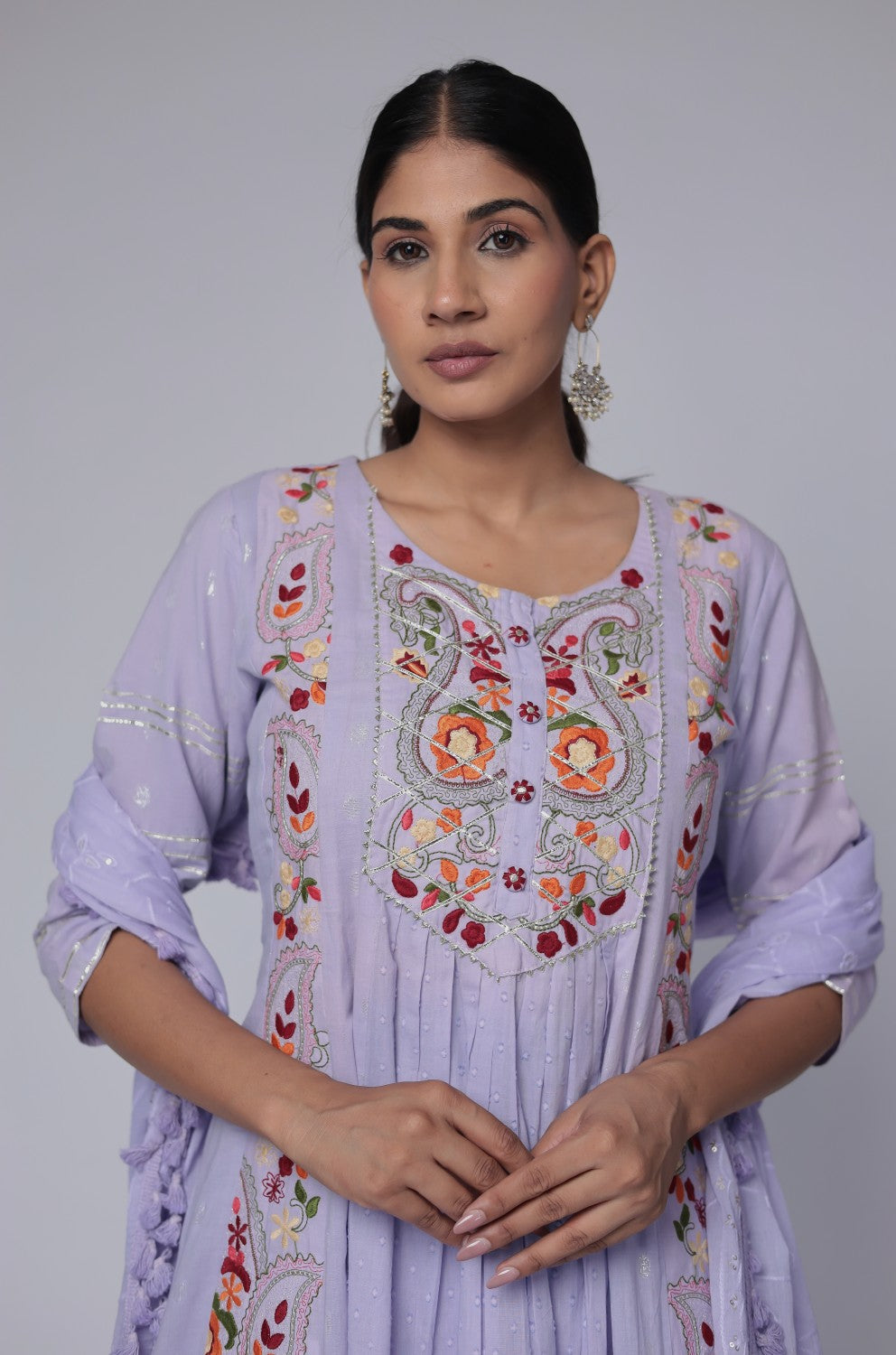 Lavender embroidered anarkali kurta set on cotton dobby base