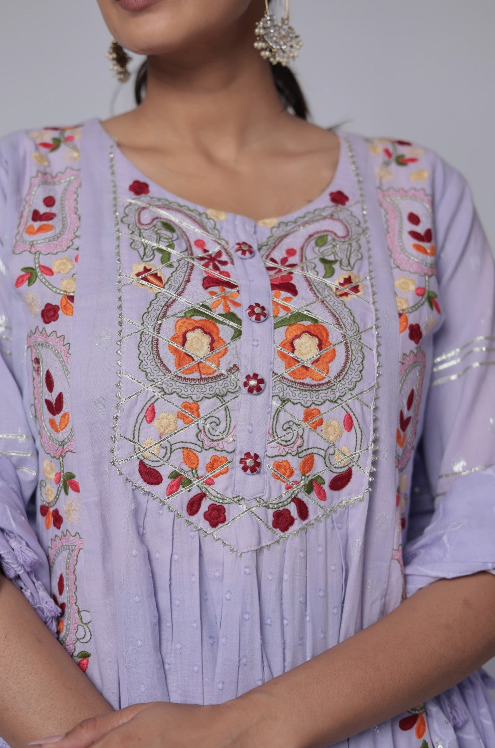 Lavender embroidered anarkali kurta set on cotton dobby base