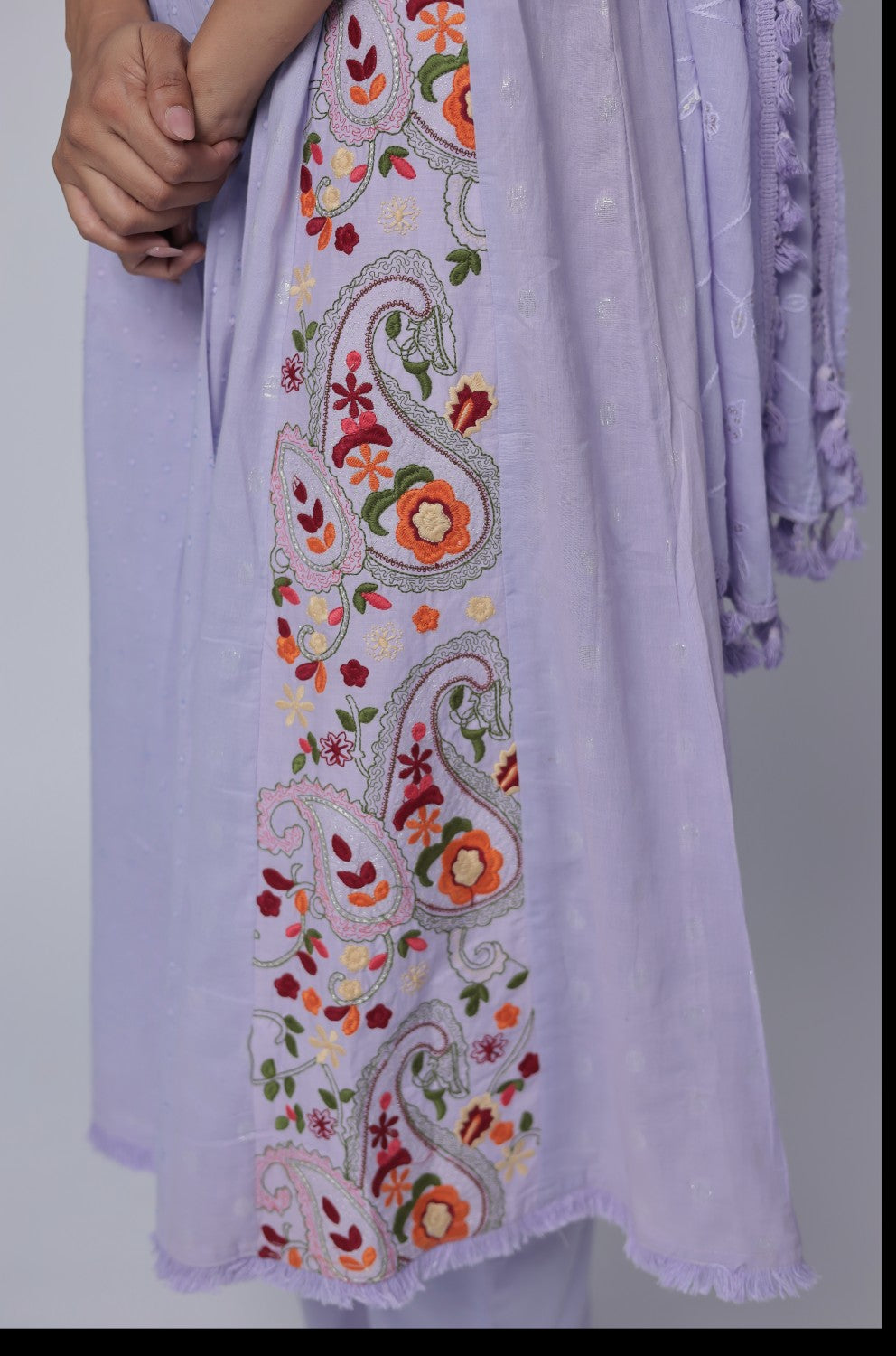 Lavender embroidered anarkali kurta set on cotton dobby base
