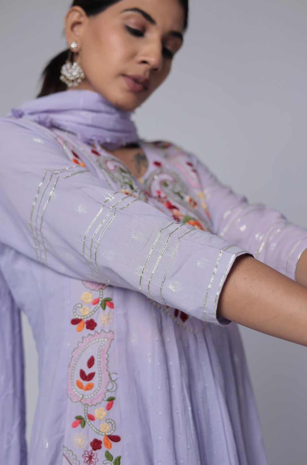 Lavender embroidered anarkali kurta set on cotton dobby base