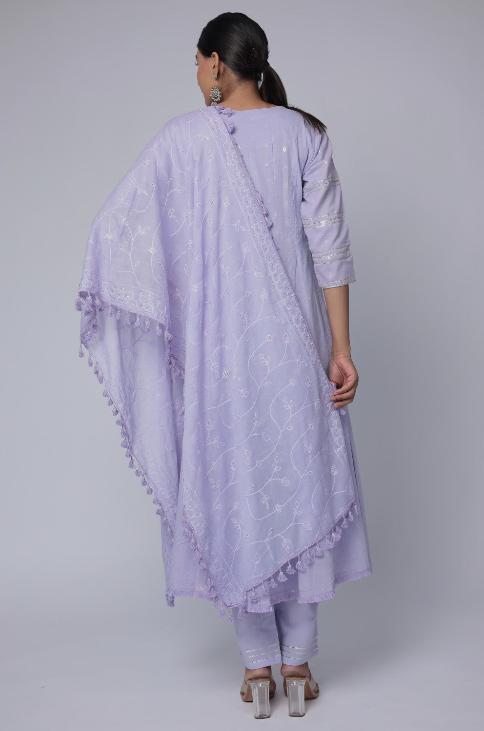 Lavender embroidered anarkali kurta set on cotton dobby base