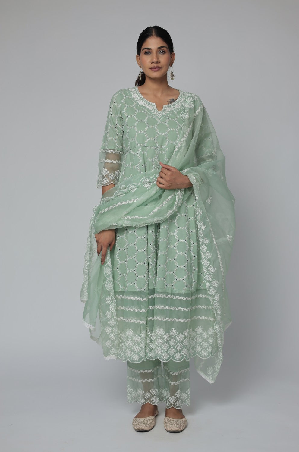 Sage Green Chikankari Anarkali Kurta with Cotton Pant and Organza Dupatta